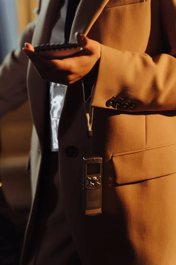 Close-up of a journalist holding a notepad and voice recorder, wearing a beige blazer.